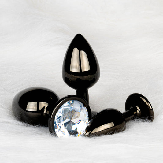 Round Gem Butt Plug - Medium - Gunmetal / Diamond